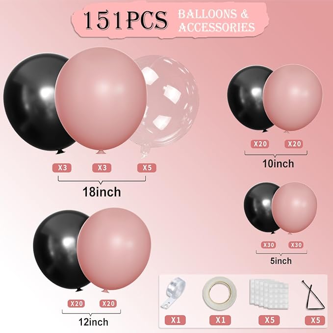 Dusty Pink Black Balloons Arch Kit, 151Pcs Black Pink and Bobo Balloons Garland 18 12 10 5 inch for Women Girls Birthday Wedding Bridal Shower Bachelorette Anniversary Party Decorations