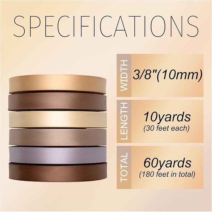 Light Brown Ribbon 3/8 Inch Wide Neutral Ribbon Tan Champagne Gold Satin Ribbon Assorted Solid Color Double Faced Satin Ribbon for Gift Wrapping Wedding Flower Bouquet Wrapping Hair Bows Crafts