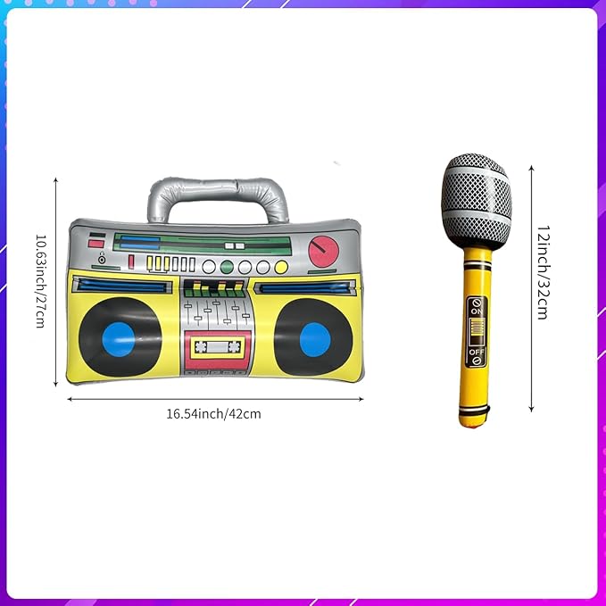 3 PCS Hip hop Props Inflatable Mobile Phone Inflatable Radio Boombox Inflatable Microphone Props for or 80s 90s Party Decorations Glow Theme Birthdays Party Graduations Photo Booth Props