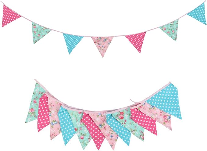 Zwiebeco 32Ft Pink Blue Circle Dots Floral Fabric Bunting Triangle Flags Cotton Flowers Pennant Banner Decorations for Birthday Wedding Engagement Tea Party Spring Rustic Village Home Garden Décor