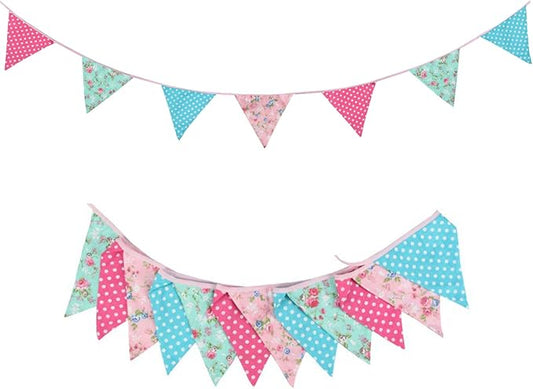 Zwiebeco 32Ft Pink Blue Circle Dots Floral Fabric Bunting Triangle Flags Cotton Flowers Pennant Banner Decorations for Birthday Wedding Engagement Tea Party Spring Rustic Village Home Garden Décor