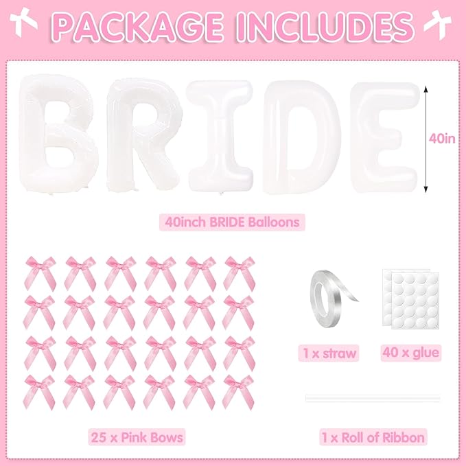 40 Inch White Bride Balloons with Pink Bows, Jumbo Bachelorette Party Décor Bride Letter Balloons Bridal Photo Booth Bridal To Be Banner for Wedding Bachelorette Party Decorations