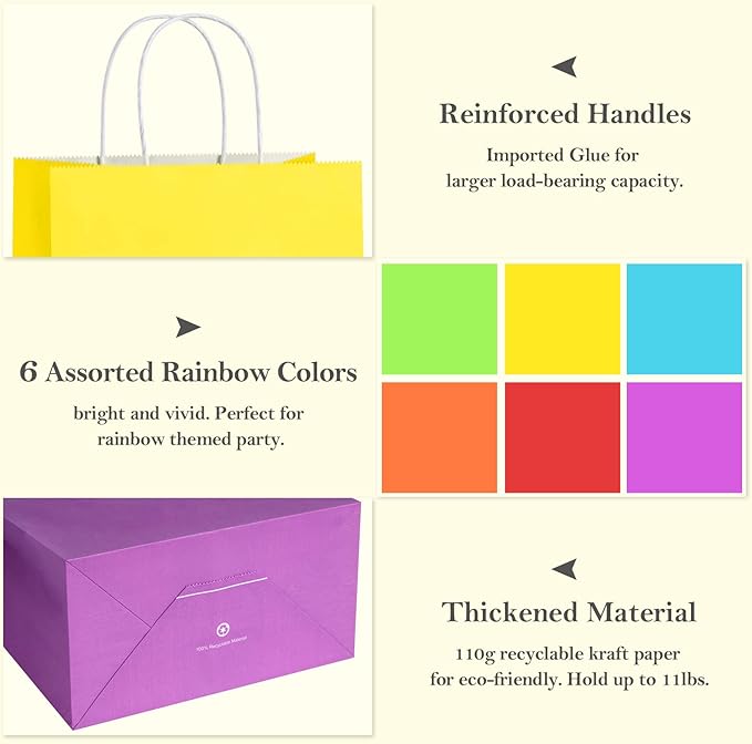 BagDream 24Pcs 10x5x13 Kraft Paper Party Favor Gift Bags with Handles Assorted Rainbow Colors for Wedding, Baby Shower, Birthday, Gifts, Shopping and Party Supplies