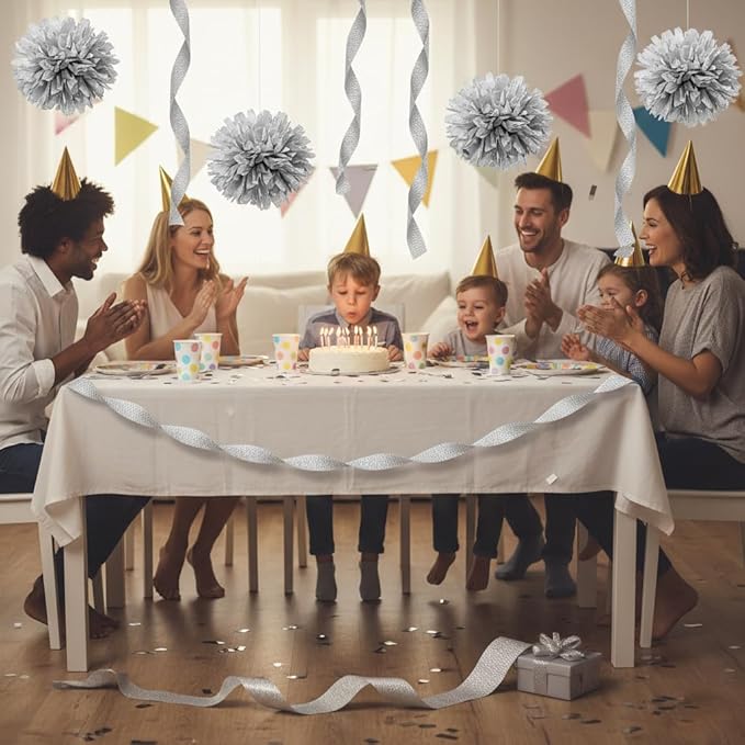 Silver Streamers 4 Rolls, 328 Ft Silver Crepe Paper, Streamer Party Decorations for Birthday, Wedding, Showers (1.8 in x 82 ft/Roll)
