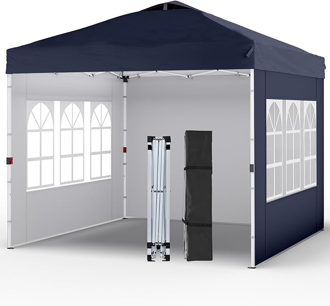 Shades 10x10 Pop Up Canopy with 3 Sidewalls & 4 Sandbags,Heavy Duty Beach Tent with Portable Bag,Sun Shelter for Parties,Events,Outdoor Gazebo with 420D Coated Waterproof Navy Blue Fabric