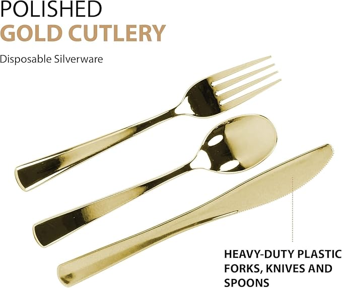 960 Piece Gold Plastic Silverware, Extra Heavyweight Disposable Cutlery Set, Full Size Gold Flatware Combo, 480 Forks 240 Spoons 240 Knives, Bulk Party & Wedding Utensils