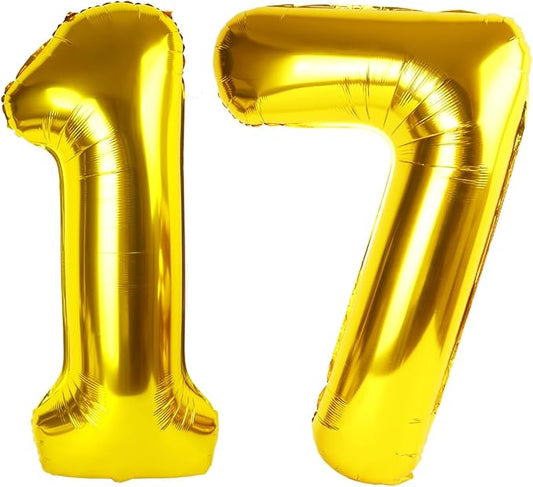 Number 17 Balloons 40 Inch, Gold 17th Birthday Decoration for 1 7 17 71 Men & Women, Foil Big Number Balloon for Wedding Store Anniversary Promotion Party Decorations