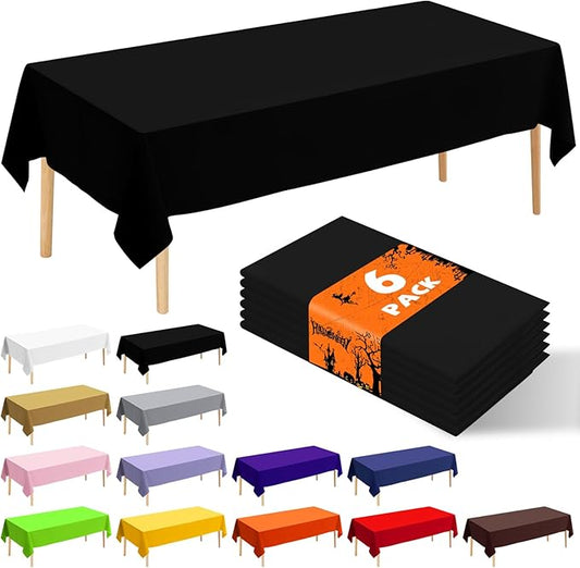 6 Pack Premium Disposable Plastic Tablecloth 54" x 108" Party Table Cloths Disposable for 6 to 8 Foot Tables Indoor or Outdoor Parties Birthdays Weddings Christmas Anniversary Buffet Table (Black)