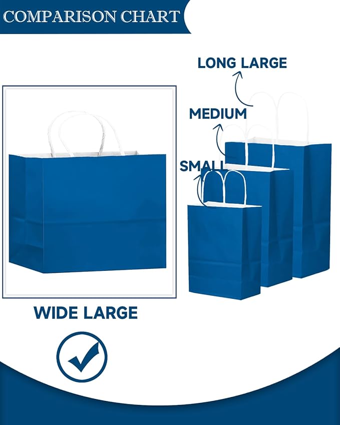 qiqee 24PCS Large Gift Bag with Handles Bulk 13"x4.5"x10" Gift Bags Cyan Bags Multiple Uses (32x11x25cm,Wide Large)