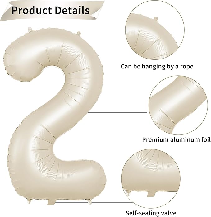 40 Inch Cream Number 2 Balloon, Beige Large 2nd Birthday Balloons, Digital 2 Cream White Giant 2 Foil Balloon Helium for Boys Girls 2nd Birthday Decorations Anniversary Baby Shower Party Supplies
