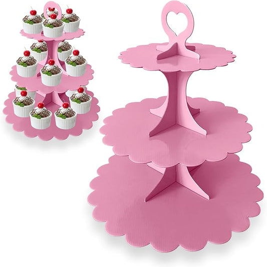 Pink Cupcake Stand, 3-Tier Heart Handle Dessert Display Tower, Scalloped Edge Cake Stand for Girl Birthday Baby Shower Wedding Party Decoration, Easy Assembly (2-Pack) ﻿