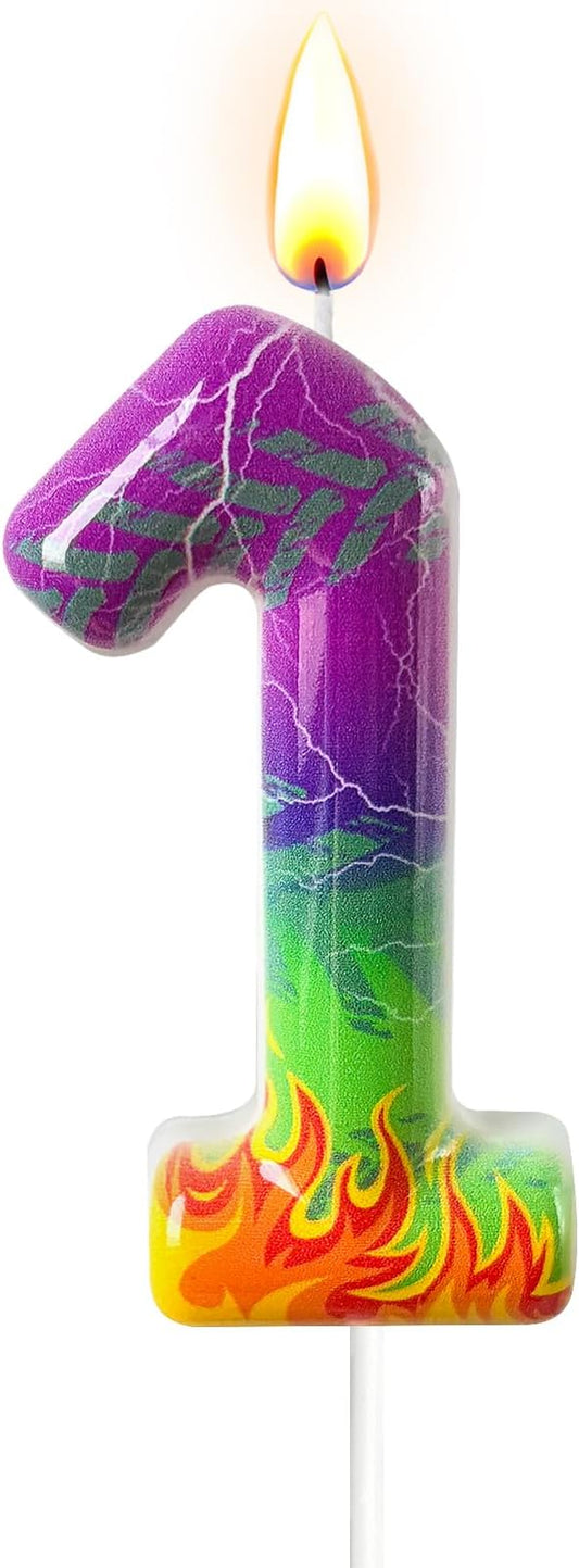 Number 4 Birthday Candle for Cake – Purple Green Flame Design with Lightning & Tire Track Pattern – Off-Road Truck Theme Cake Topper for Birthday Party Decoration