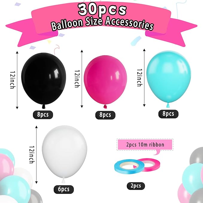 Paready Disco Music Party Balloons, 30 Pcs 12 Inch Hot Pink Black Blue and White Latex Balloons with Ribbons for 80s 90s Disco Music Party Hip Hop Theme Party Birthday DJ Short Video Party Decoration