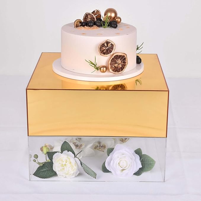 Efavormart 14"x14" Gold Acrylic Cake Box Stand, Mirror Finish Display Pedestal Riser with Hollow Bottom, Elegant Cake Support for Weddings, Galas, and Sophisticated Party Events