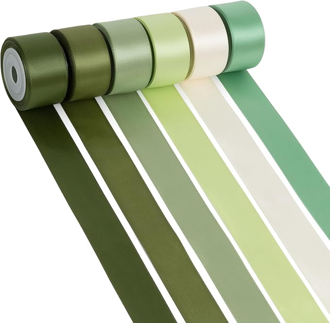 Green Ribbon 1 Inch Sage Green, Moss, Olive, Lime, Ivory, Double Faced Silk Satin Ribbon Set for Gift Wrapping, Flower Bouquet, Wedding, Invitation, Hair Bow Crafts - 30Yds