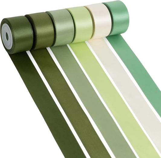 Green Ribbon 1 Inch Sage Green, Moss, Olive, Lime, Ivory, Double Faced Silk Satin Ribbon Set for Gift Wrapping, Flower Bouquet, Wedding, Invitation, Hair Bow Crafts - 30Yds