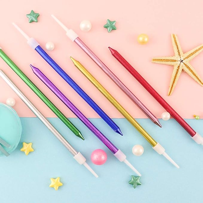 12 Count Long Thin Green Birthday Cake Candles in Holders for Birthday Cupcake Tall Candle 12 Pieces