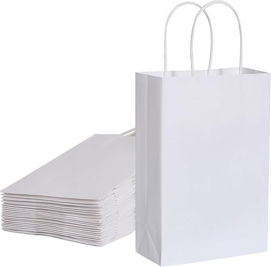 SUNCOLOR 12-Pack Small White Gift Bags with Handles – 8" Paper Goodie Bags for Party Favors, Weddings, Baby Showers, Birthdays & Retail Packaging