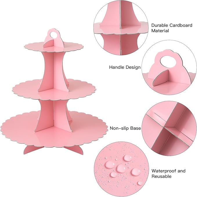 Soleebee 3-Tier Cupcake Stand, Cardboard Cupcake Tower, Dessert Cup Cake Stand Tower for Birthday Wedding Party Decoration, Cupcake Tier Stand 1 Set (Pink)