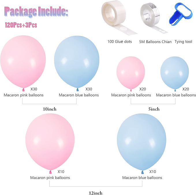 CANREVEL Gender Reveal Pink and Blue Balloons 120 pcs Macaron Blue Pink Latex Balloons Garland Arch kit for Baby Shower Birthday Bridal Shower Wedding Anniversary Party Decorations
