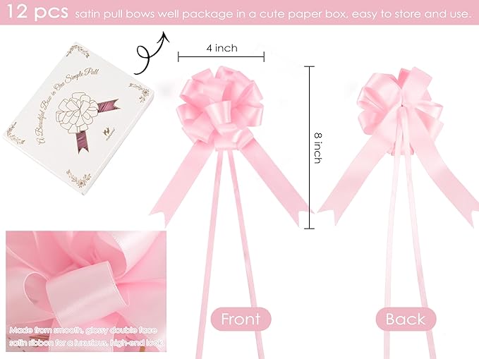 HUIHUANG Pink Pull Bows 12 PCS Light Pink Bow 4 inch Satin Gift Bows for Gift Wrapping, Presents, Gift Basket, Paper Bag, Baby Shower Favors, Wrapping Accessories, Wedding Christmas Decor