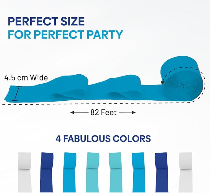 Captain Décor 8 Blue and White Streamers, 656ft Pack of Crepe Paper Rolls for Blue and White, Decorations for Party and Birthday Decor (1.8 inch x 82 ft/Roll)