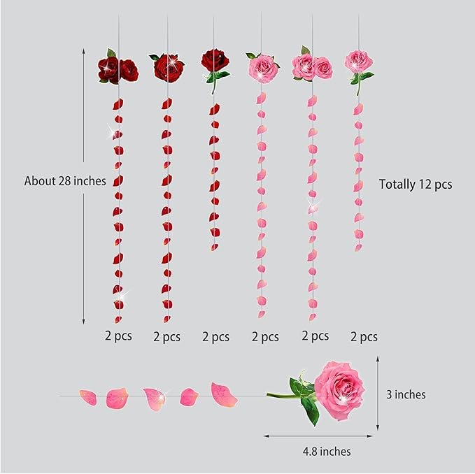 Cheerland Red Pink Rose Garland Flower Roses Petal Streamers Paper Love Banner for Floral Romantic Wedding Engagement Anniversary Bridal Shower Birthday Hanging Mothers Day Party Decorations 12pcs