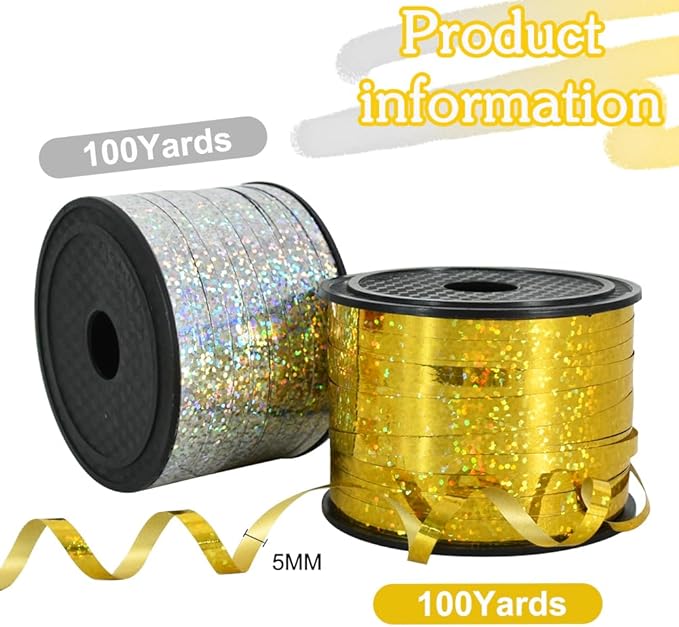 BEISHIDA 2 Pack 100 Yards Gold Silver Glitter Ribbon Balloon String Shiny Metallic for Gift Wrapping 2026 Happy New Year Graduation Retirement Birthday Party Decoration