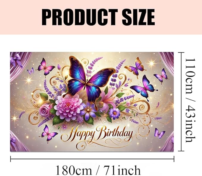 Happy Birthday Banner Colorful Butterfly and Floral Design Elegant Garden Style Wall Hanging for Birthday Party Celebration Home Decoration 70.87 x 43.31 Inch