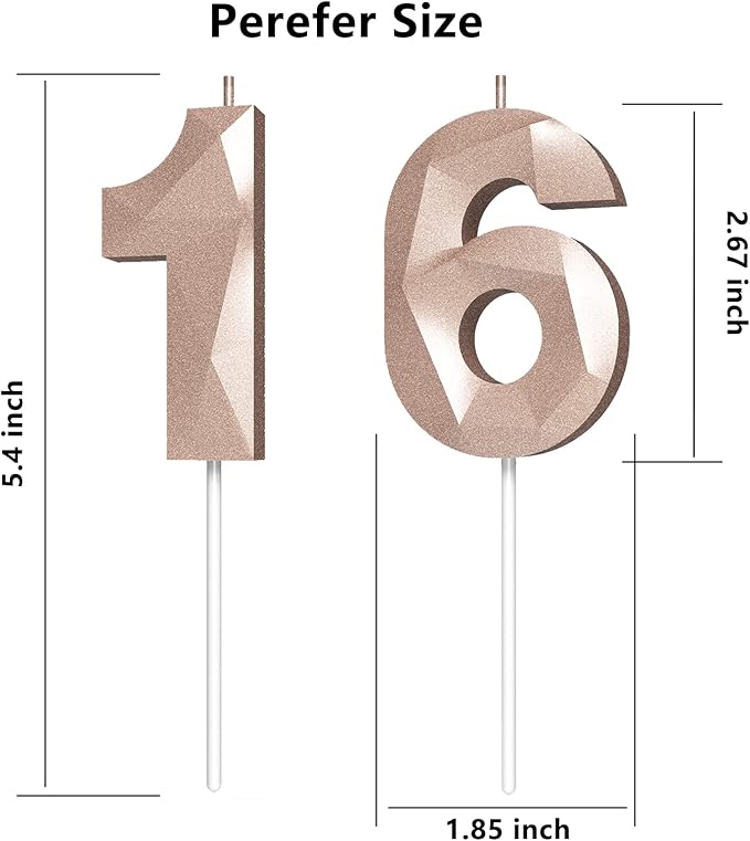 Number Birthday Candles(16 Candle Rose Gold) 3D Diamond Shape Number Happy Birthday Cake Candles for Birthday Party Wedding Decoration Reunions Theme Party