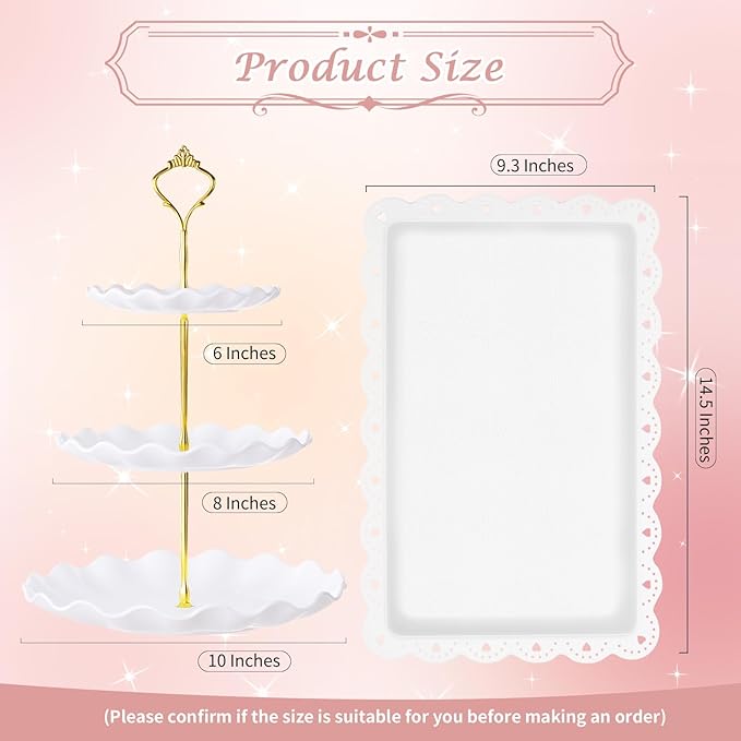 PinCute 5 Pcs Dessert Table Display Set - 2 X Cupcake Stand Holder/Cup Cake Tier Tower & 3 X Serving Tray Combo for Tea Party, Birthday, Baby Shower (Wave Round)