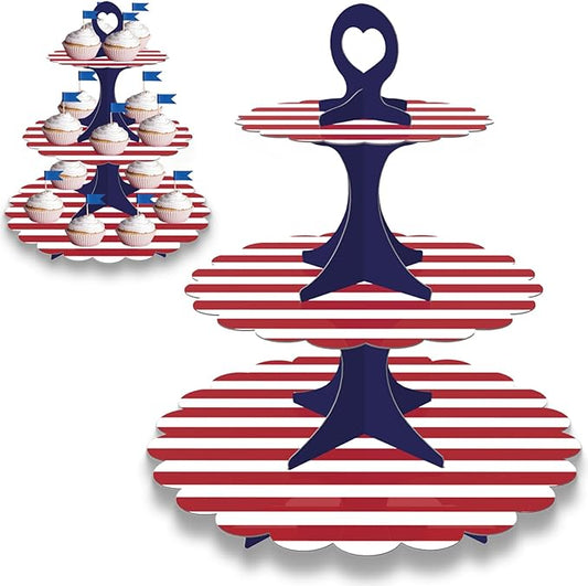 Patriotic Cupcake Stand, 3-Tier Red White Blue Cardboard Dessert Tower, Independence Day Memorial Veterans Day Party Decorations, American Flag Theme Dessert Display (2-Pack)