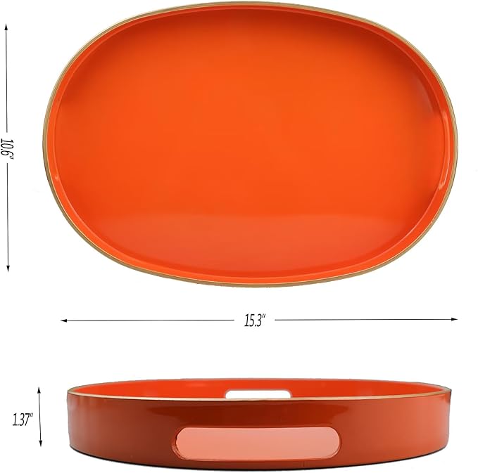 Orange Oval Decorative Tray with Handles, Versatile Serving Tray for Coffee Table, Ottoman, Ideal for Serving, Displaying, Organizing