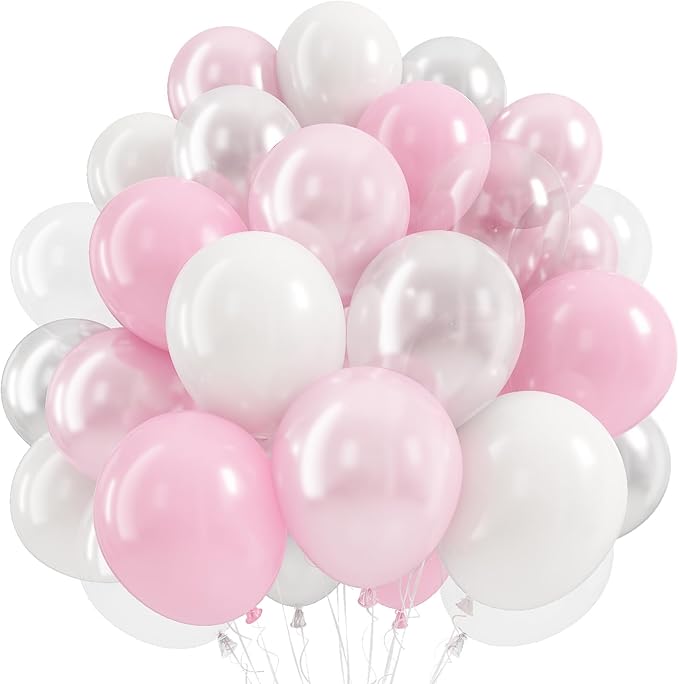 Pink and White Balloons, 50Pcs Pastel Baby Dusty Pink Pearl Light White Transparent Balloon with Double Stuffed Latex Balloon for Women Birthday Party Wedding Anniversary Baby Bridal Shower Decoration