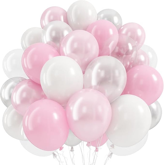 Pink and White Balloons, 50Pcs Pastel Baby Dusty Pink Pearl Light White Transparent Balloon with Double Stuffed Latex Balloon for Women Birthday Party Wedding Anniversary Baby Bridal Shower Decoration