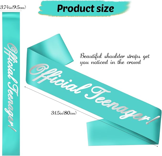 13th Birthday Sash, 'Official Teenager' Teal Silver Foil Sash for Girls' 13th Birthday Party Decorations, Ideal Girls' Gift