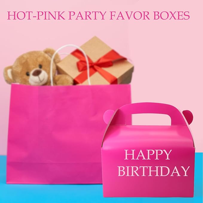30-Pack Hot-Pink Party Favor Treat Boxes, Candy Boxes, Gable Paper Gift Boxes with Handles. Perfect for Bright Pink Theme Party, Birthday Party Baby Shower Decoration Supplies.
