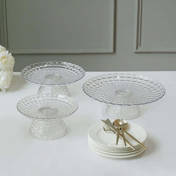 Efavormart Set of 3 | Clear Contemporary Pressed Plastic Stackable Cupcake Stands, Dessert Cake Pedestal Displays - 8", 10", 12"