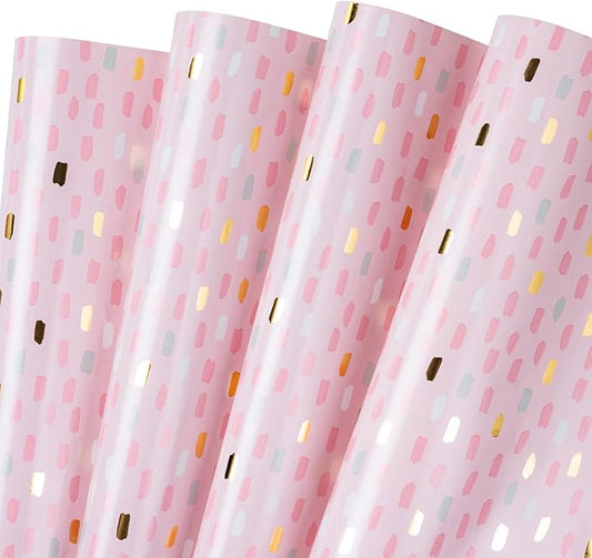 WRAPAHOLIC Baby Girl Wrapping Paper Sheet - 12 Sheets Foil Pink Brushstroke Design Folded Flat for Girls Birthday, Baby Showers - 19.7 Inch X 30 Inch Per Sheet