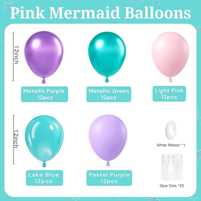 BAUANOOY Mermaid Balloons, 60pcs 12 Inch Pink Metallic Purple Green Blue Latex Balloons for Little Mermaid Birthday Decorations, Baby Shower, Under the Sea Party Decorations
