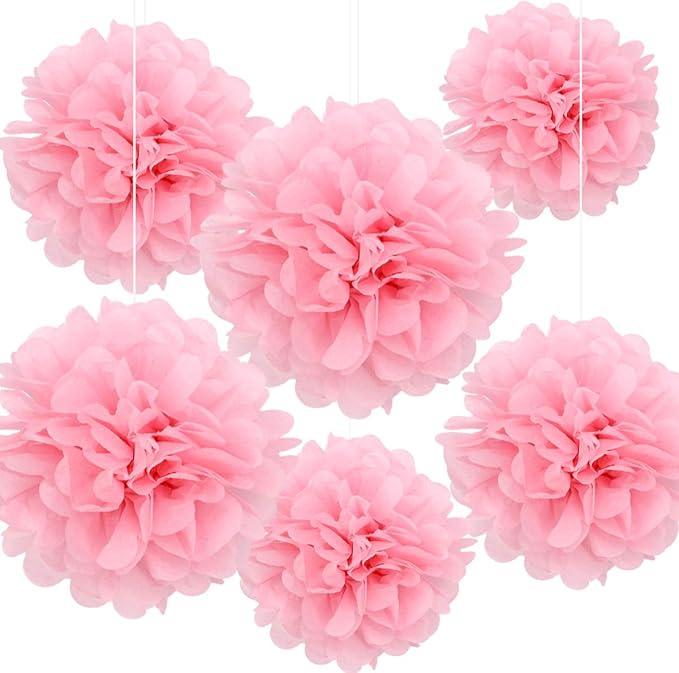 Paper Pom Poms Hanging Paper Flower Ball Wedding Party Celebrations Decorations Outdoor Decoration Flowers Craft for Party Birthday Party (deep Purple 6pcs) (Light Pink)