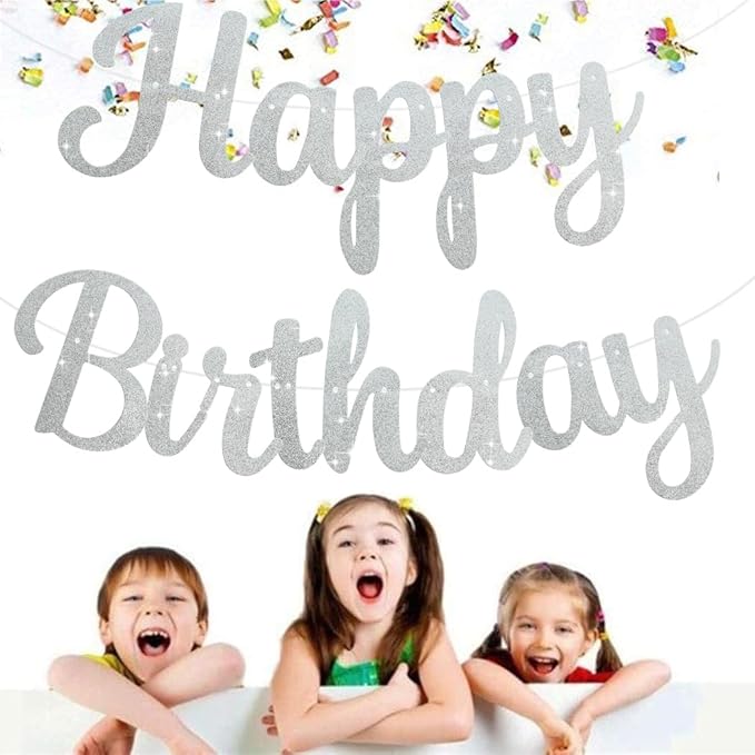 BEISHIDA Happy Birthday Banner - NO DIY,Silver 10Feet Pre-Strung-Glitter Birthday Sign Garland Backdrop Decorations for Women men Party