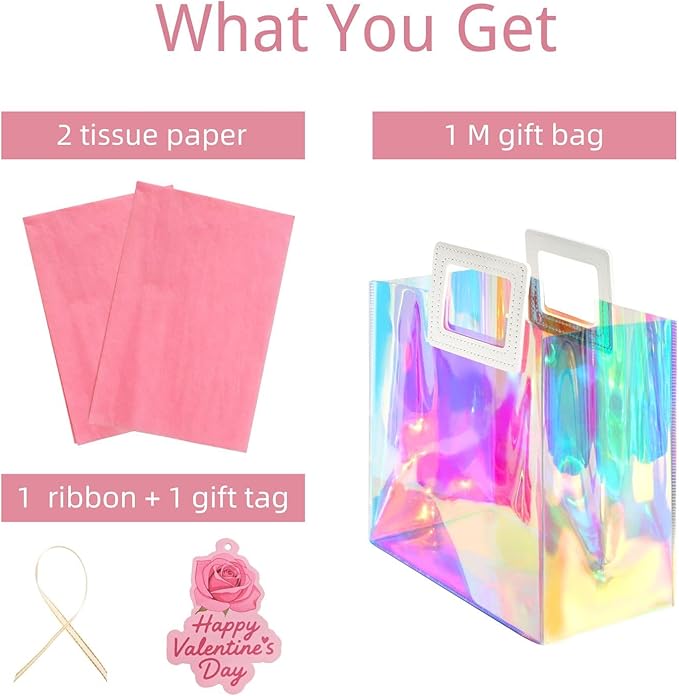 VUOJUR 11'' Medium Valentines Day Gift Bag for Women Girl Reusable Holographic Valentine Bag