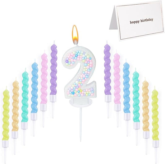 Number Birthday Candle with 12PCS Spiral Candles and A Birthday Card - Perfect for Celebrating Birthdays (Macaron Glitter, Number 2)