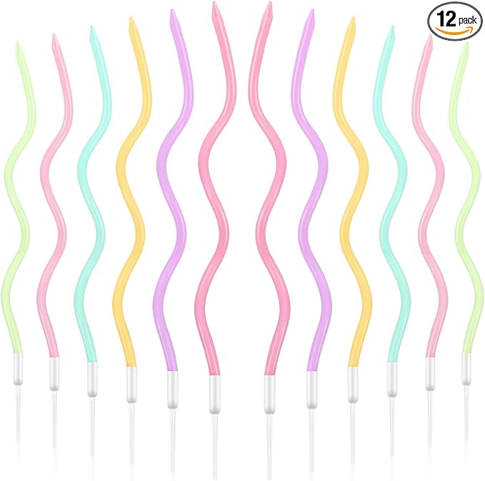 BBTO 12 Pcs Twisted Birthday Candles Spiral Metallic Cupcake Thin Long Cake Candles with Holders for Birthday Wedding Party(Colorful)