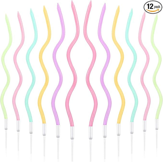 BBTO 12 Pcs Twisted Birthday Candles Spiral Metallic Cupcake Thin Long Cake Candles with Holders for Birthday Wedding Party(Colorful)