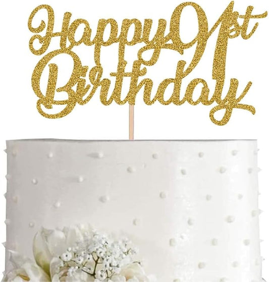 91st Birthday Cake Topper, Gold Glitter Cheers To 91 Years Party Decoration, Supply