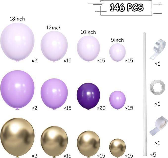 MEBAY Grey Violet Maca Purple Gold Balloons Garland Arch Kit, 146Pcs Latex Balloons Different Sizes 18 12 10 5 Inch for Party Decoration Birthday Wedding Engagements Anniversary Baby Shower