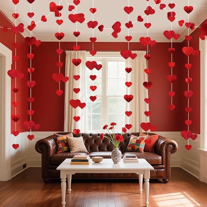 Red Heart Garland Hanging Sparkling Love Streamer Glitter Bunting Banner Twinkle Heart Backdrop for Wedding Engagement Valentines Galentines Birthday Party Decor 40 Feet