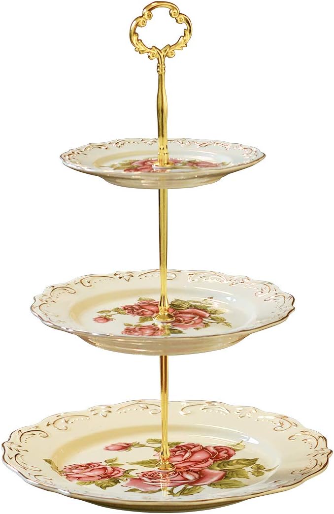 YOLIFE Red Rose Pattern 3 Tiered CupCake Stand, Emboss Golden Leaves Edge Porcelain 3 Tier Pastry Desert Fruit Stand